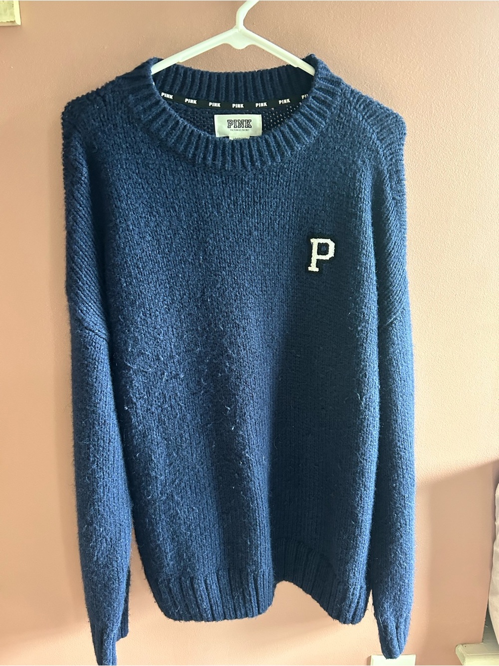 PINK Victoria's Secret Navy Crewneck Knit Sweater - P Logo